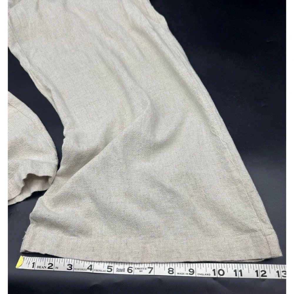 Anrabess‎ Womens XL Linen Blend Wide Leg Pants Oatmeal Beige Drawstring Casual